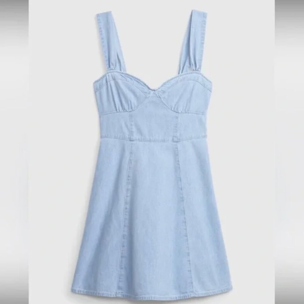 Gap 100% Cotton Denim Sweetheart Neckline Mini Dress XL Blue - Picture 2 of 10